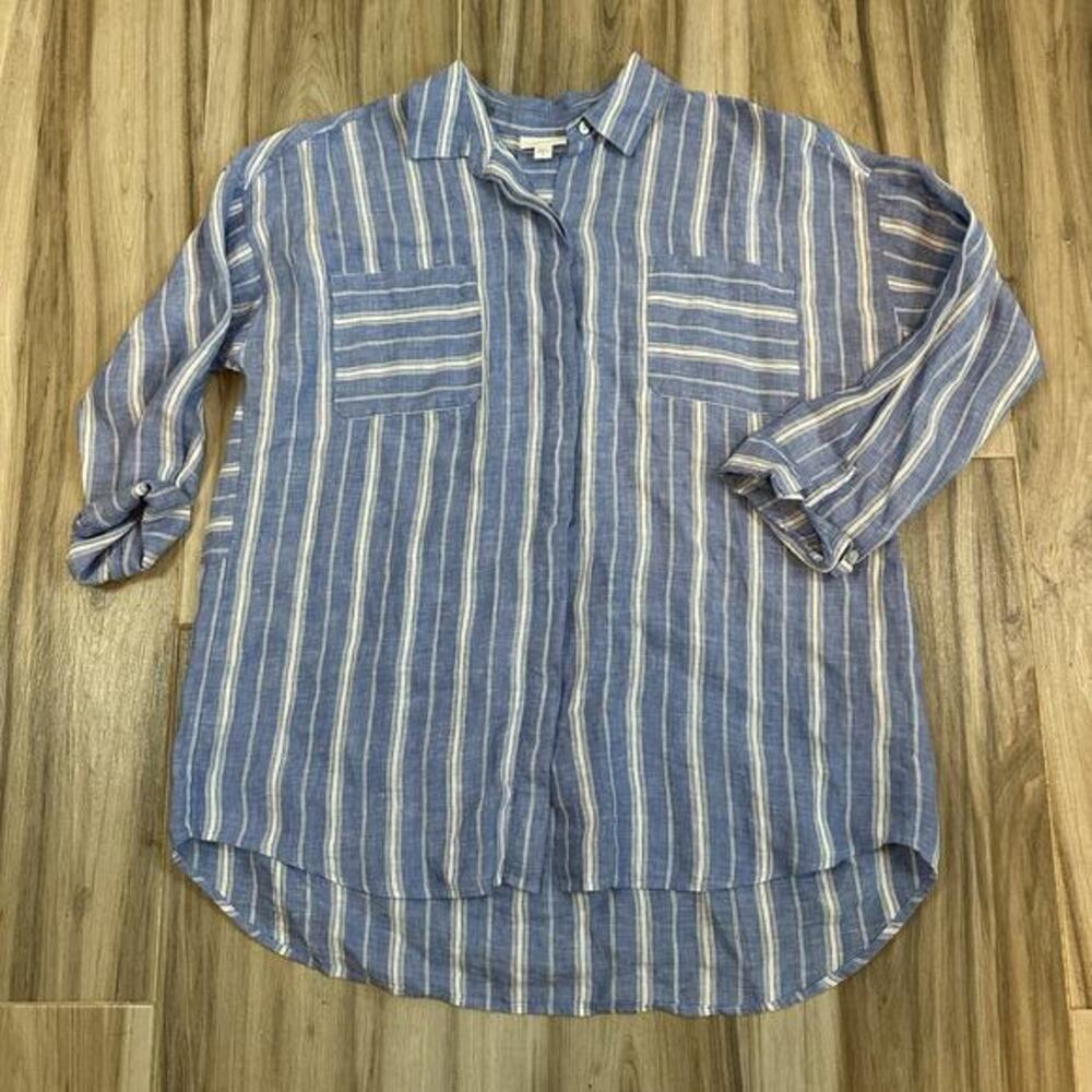 J.Jill Shirt Top Linen Long sleeve Blue White M Stripe‎ Tunic Lagenlook Coastal